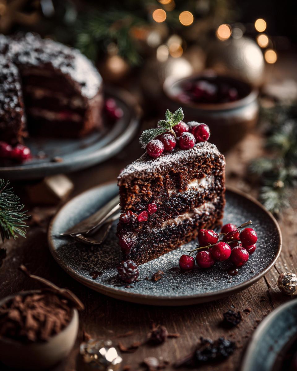 A festive slice of chocolate cake with cream and cranberries, dusted with powdered sugar, perfect for a Handmade Christmas Cards Tutorial.