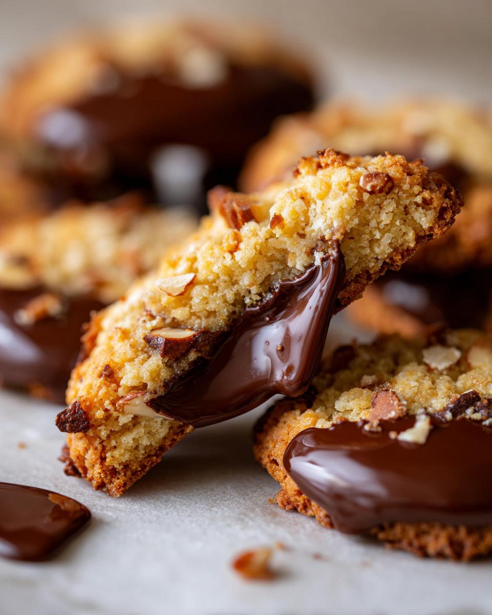 Close-up of a Chocolate-Dipped Toffee Almond Cookie, showing the toffee and chocolate.