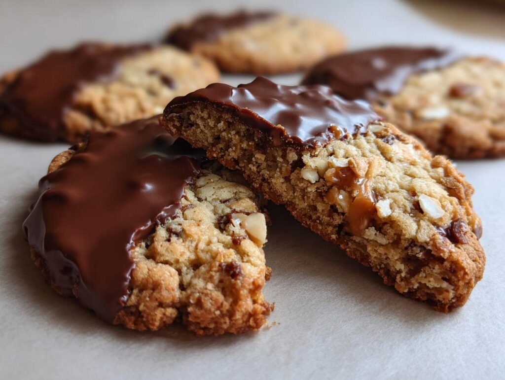 Close-up of a Chocolate-Dipped Toffee Almond Cookie, showing the toffee, almonds, and chocolate.