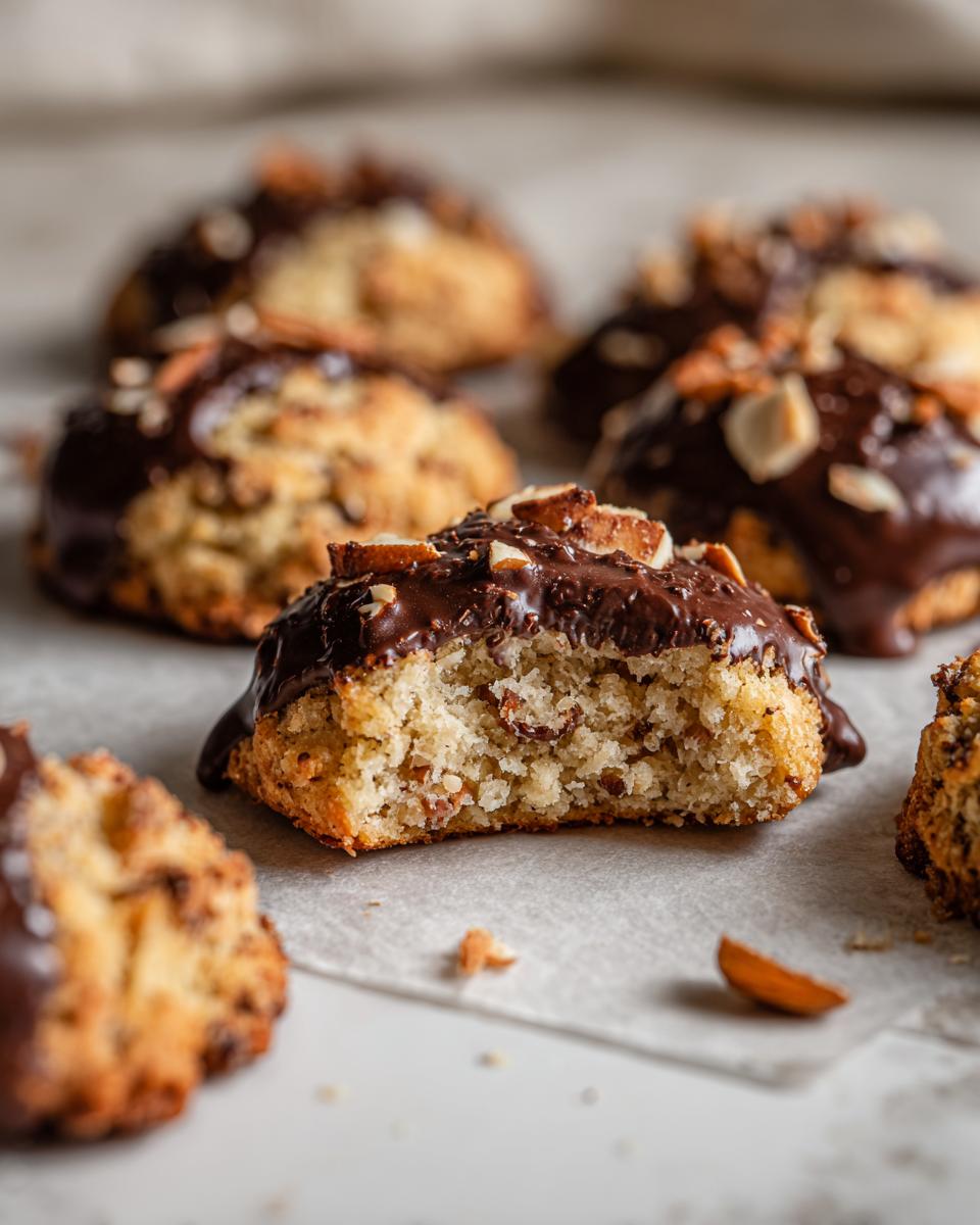 Close-up of a Chocolate-Dipped Toffee Almond Cookie with a bite taken out, showing the inside texture.