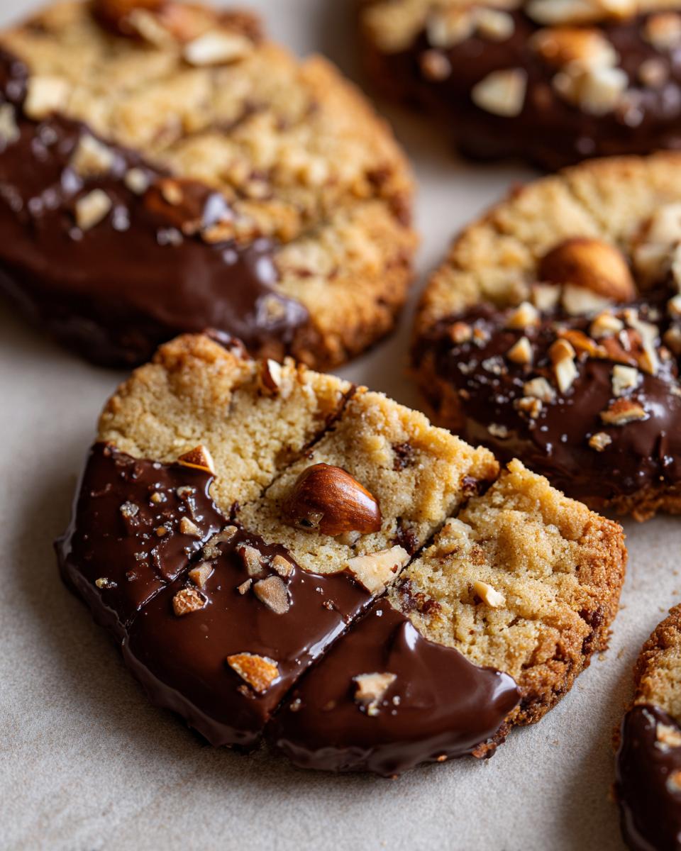 Close-up of delicious Chocolate-Dipped Toffee Almond Cookies, dipped in chocolate and sprinkled with almonds.