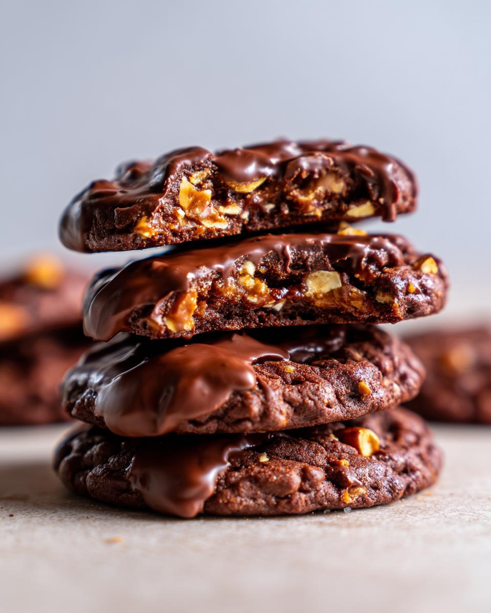 Close-up of a stack of Chocolate-Dipped Toffee Almond Cookies, showing chocolate and toffee.