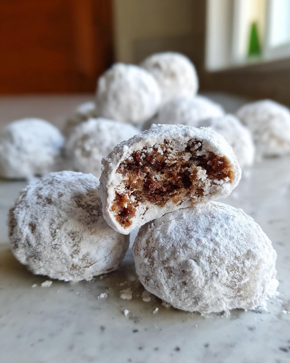 Close-up of Chocolate Peppermint Snowball Cookies, one broken open to show the inside.
