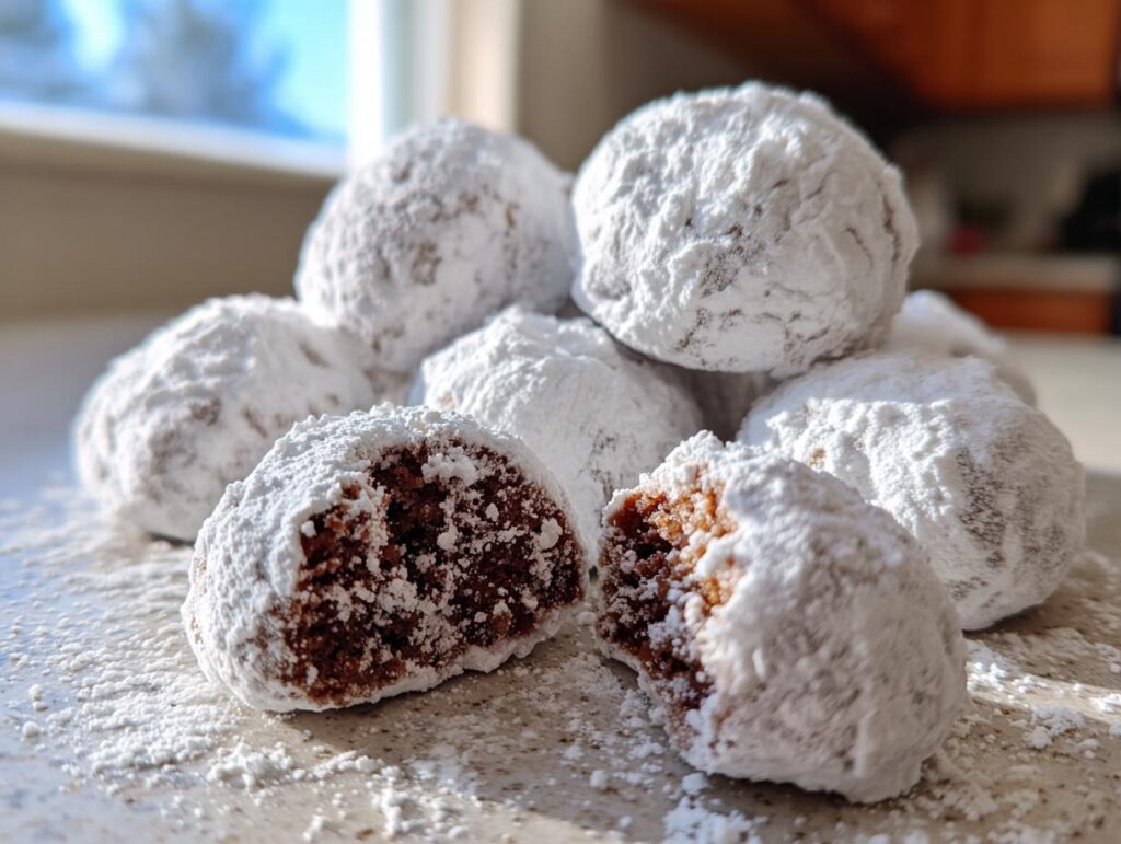Close-up of Chocolate Peppermint Snowball Cookies covered in powdered sugar, one broken open.