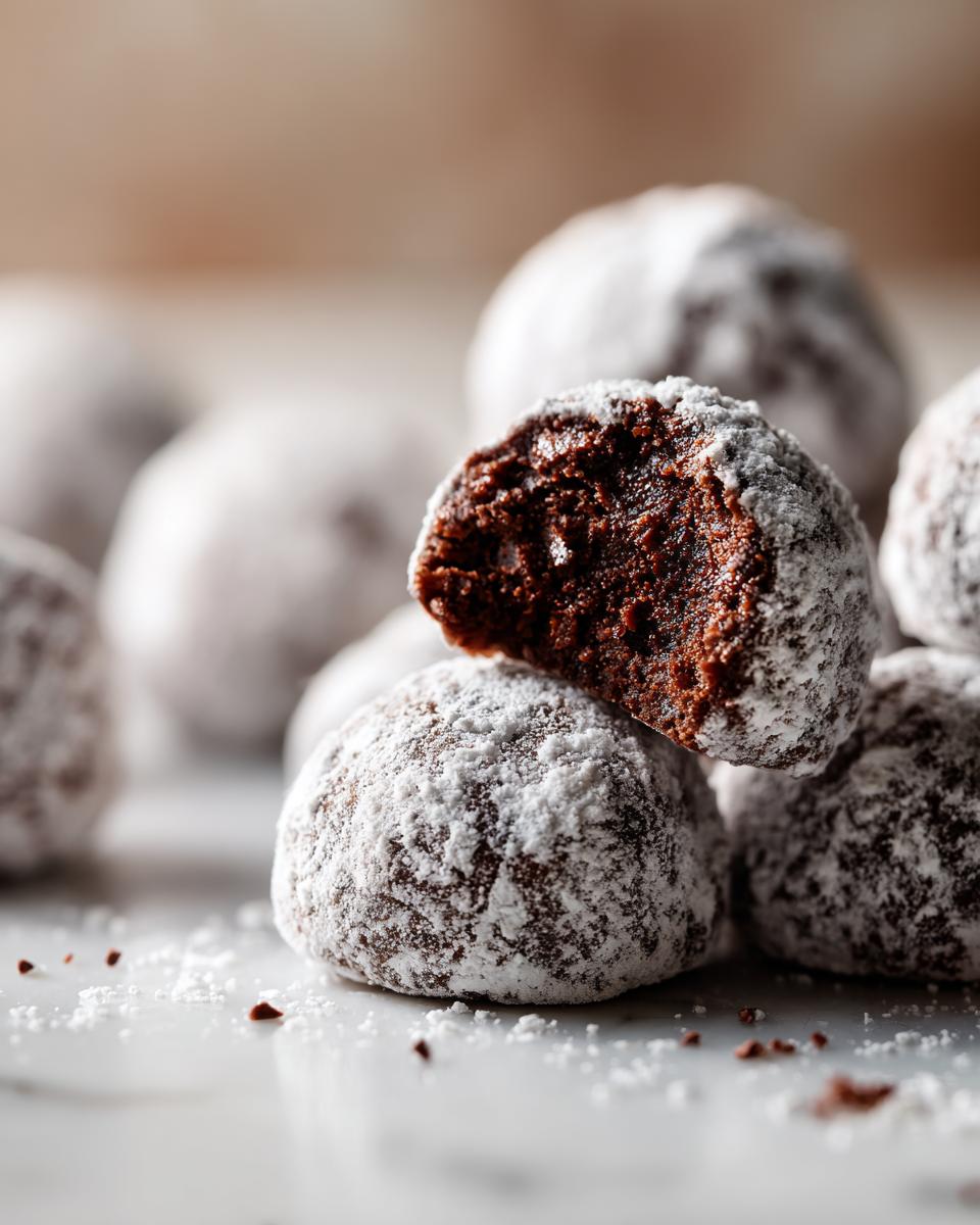 Close-up of Chocolate Peppermint Snowball Cookies, dusted with powdered sugar, one bitten.
