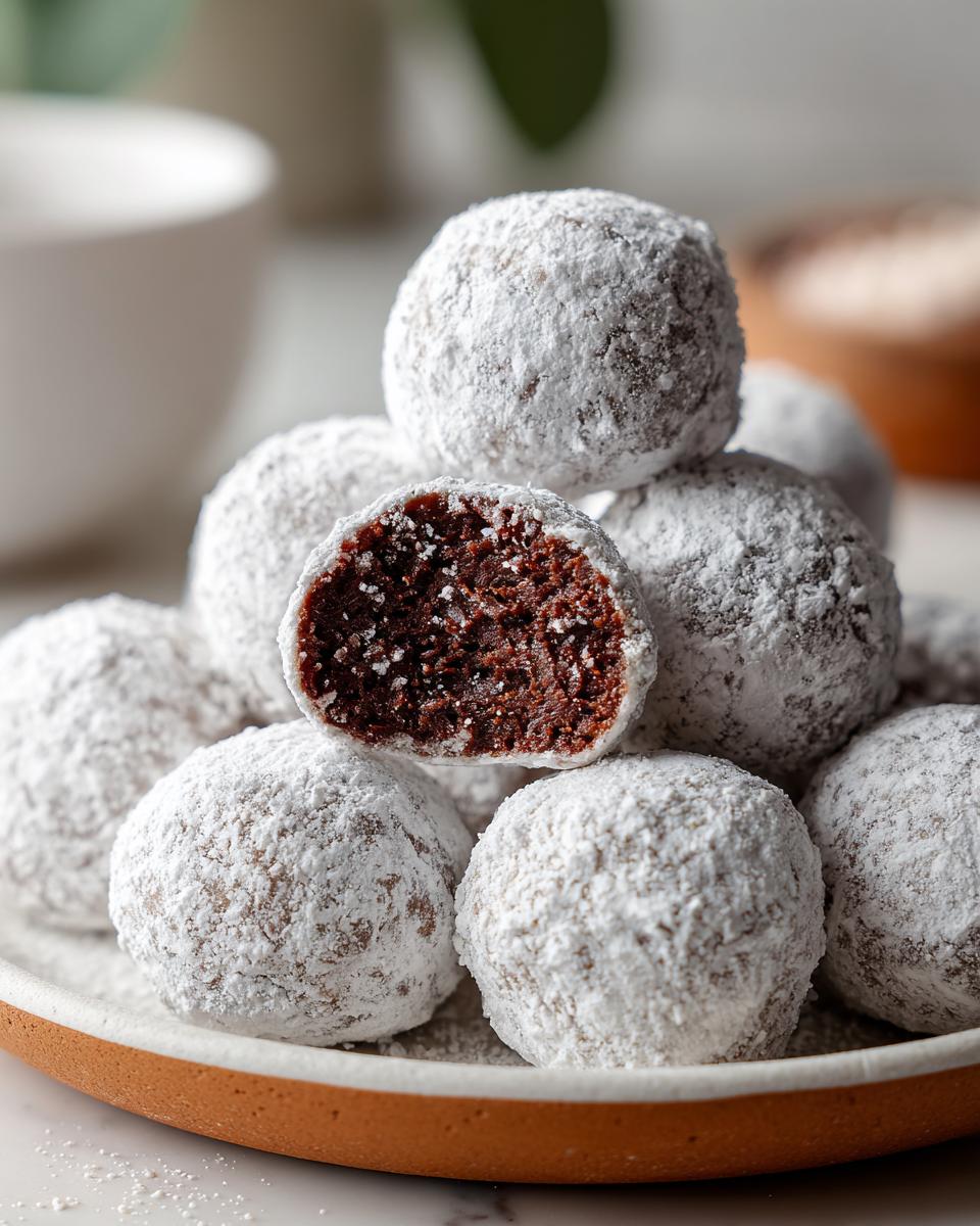 Close-up of Chocolate Peppermint Snowball Cookies, dusted with powdered sugar, showing the inside texture.
