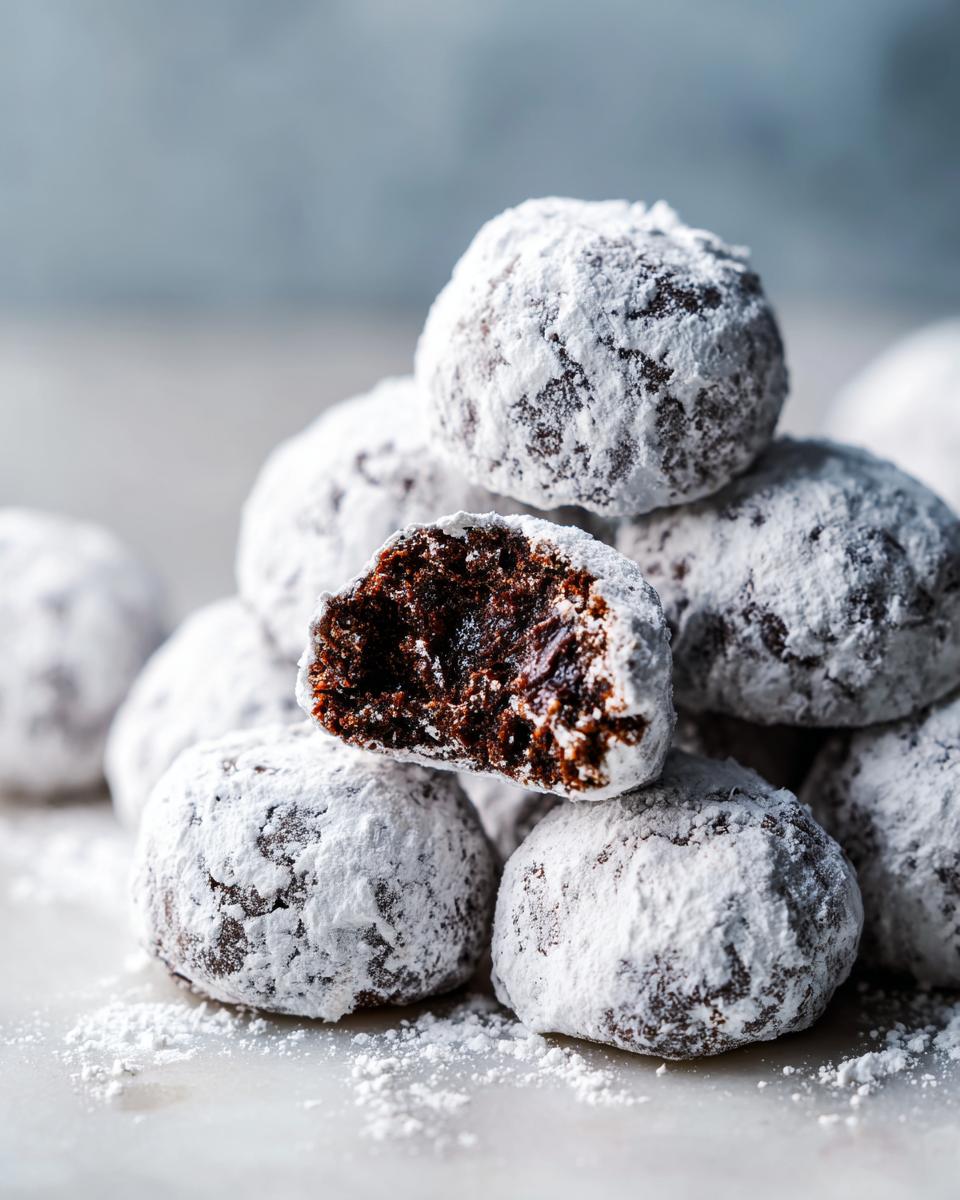 Close-up of Chocolate Peppermint Snowball Cookies, dusted with powdered sugar, with one cookie broken open.