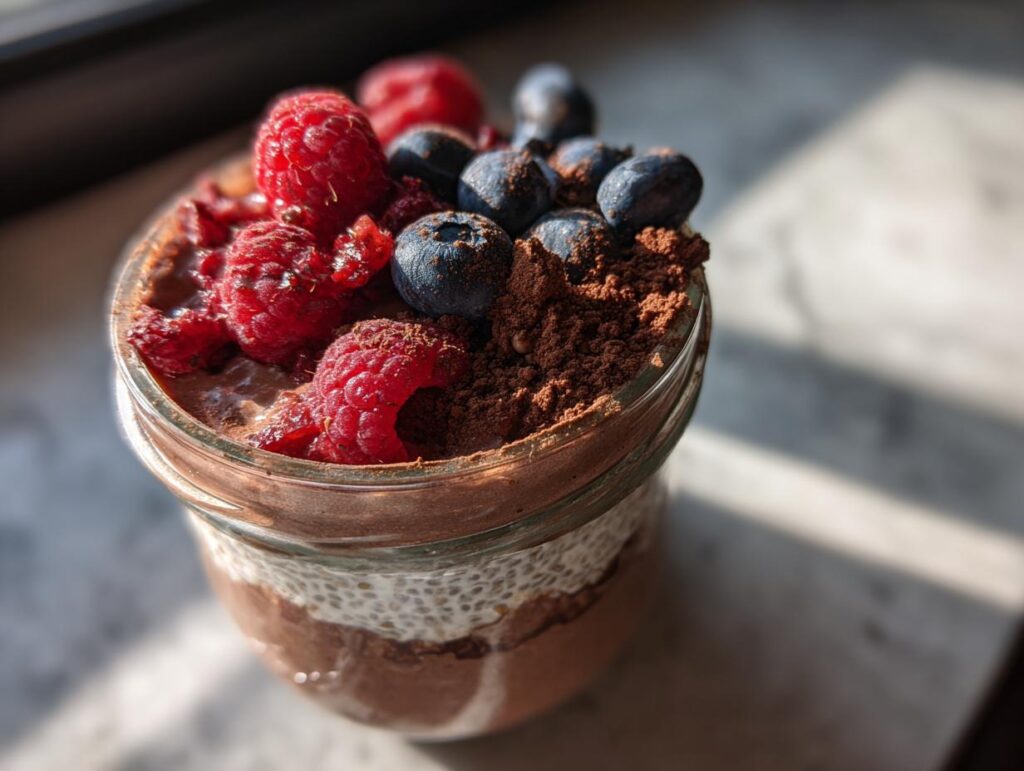 Close-up of a jar of Chocolate Protein Overnight Oats topped with fresh raspberries and blueberries.