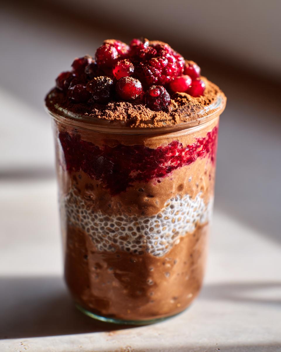 Close-up of Chocolate Protein Overnight Oats in a jar, layered with chia seeds and topped with berries.