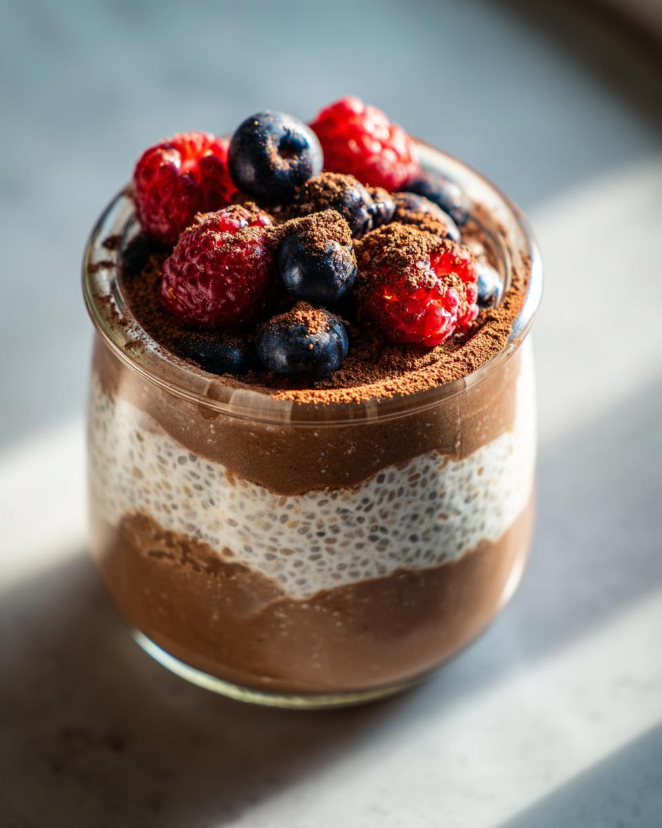 Close-up of Chocolate Protein Overnight Oats in a jar, topped with fresh berries and cocoa powder.