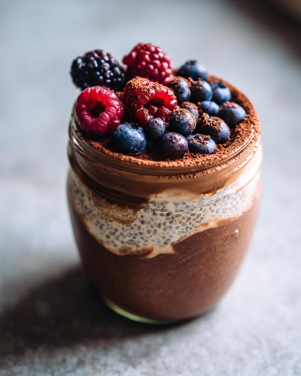 Close-up of Chocolate Protein Overnight Oats in a jar, topped with fresh berries and cocoa powder.