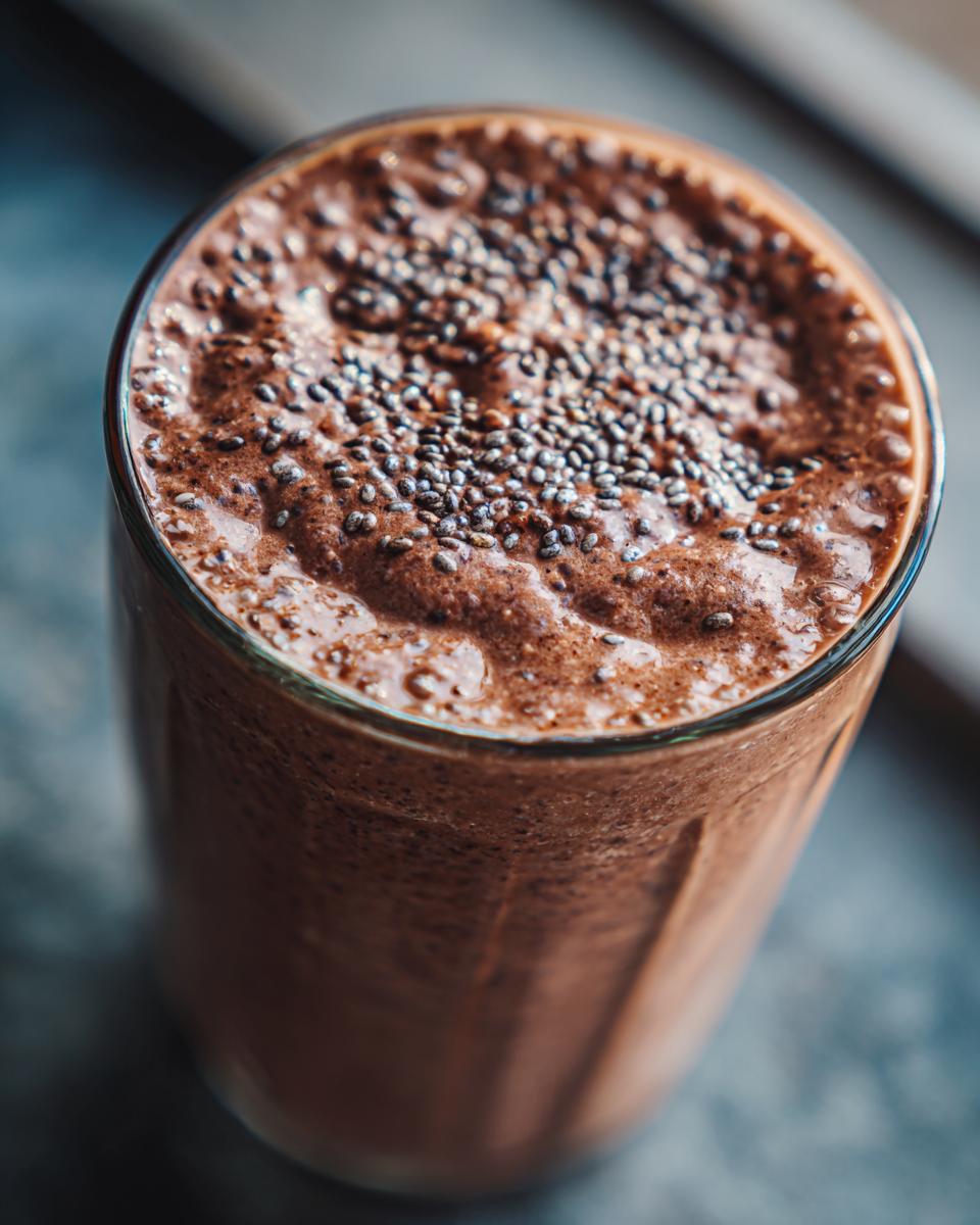 Close-up of a glass of Chocolate Protein Overnight Oats topped with chia seeds.