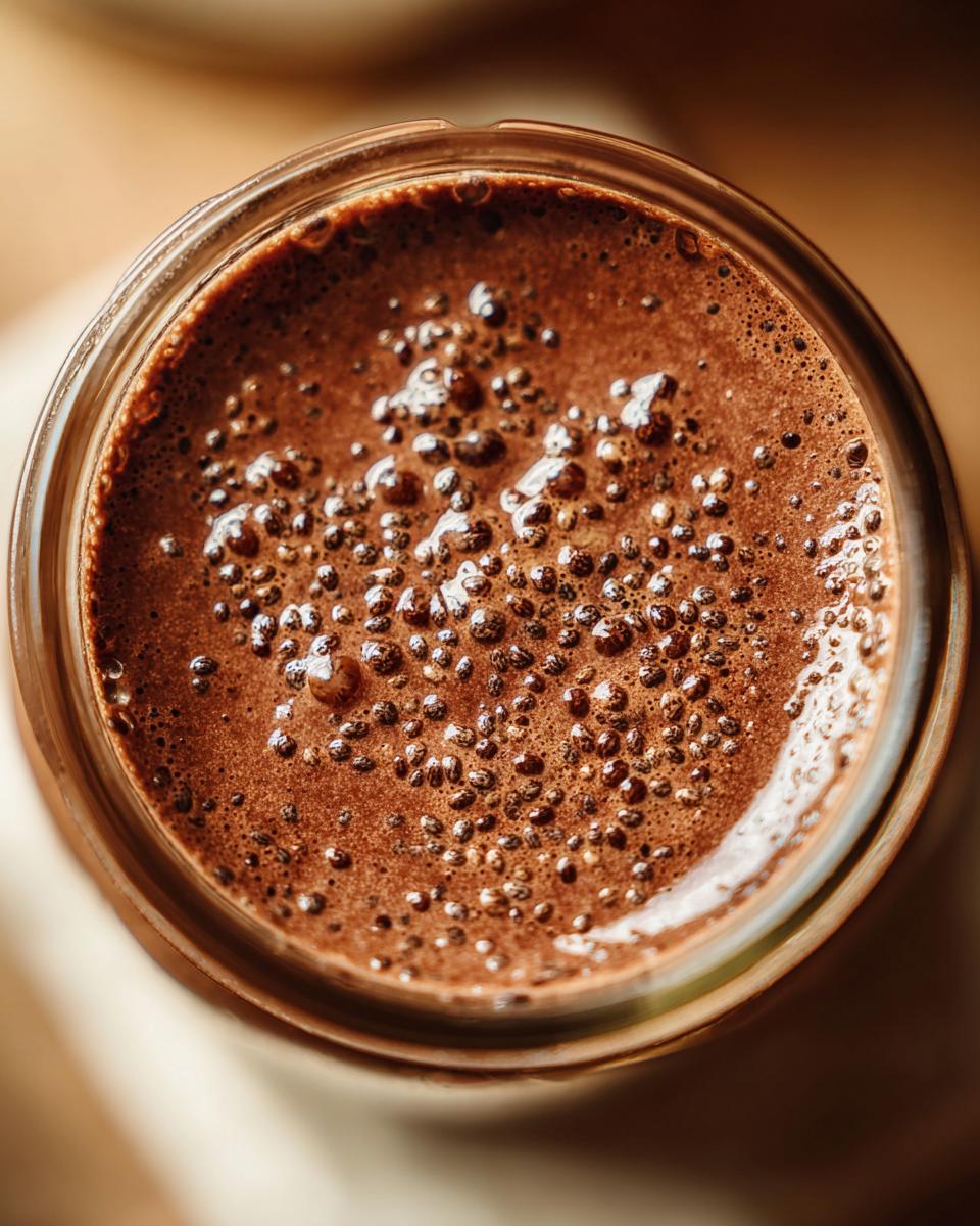 Overhead shot of chocolate protein overnight oats in a glass jar, showing bubbles on the surface.