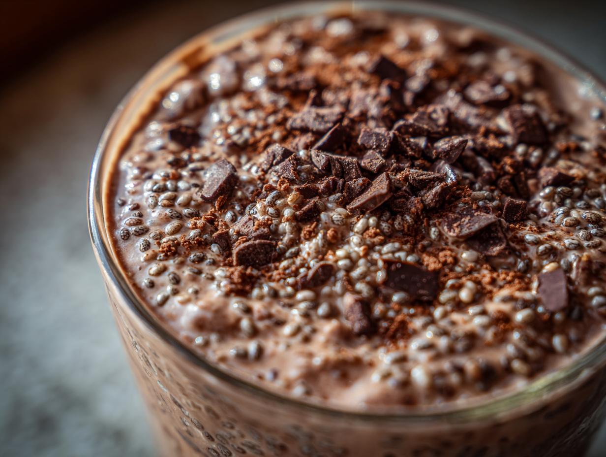 Close-up of Chocolate Protein Overnight Oats in a glass, topped with chocolate chunks and chia seeds.