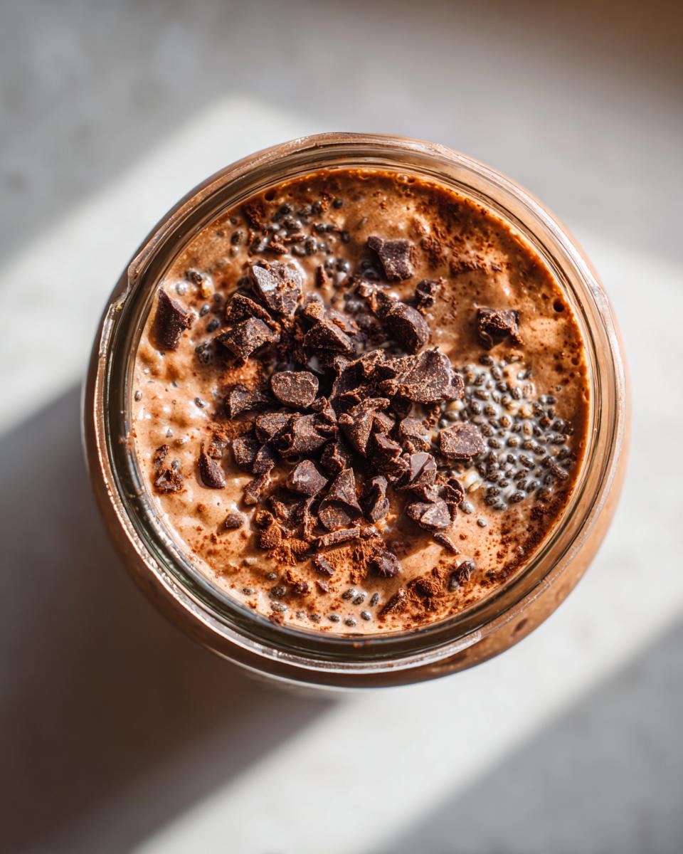 Overhead shot of chocolate protein overnight oats in a jar, topped with chocolate chunks and chia seeds.