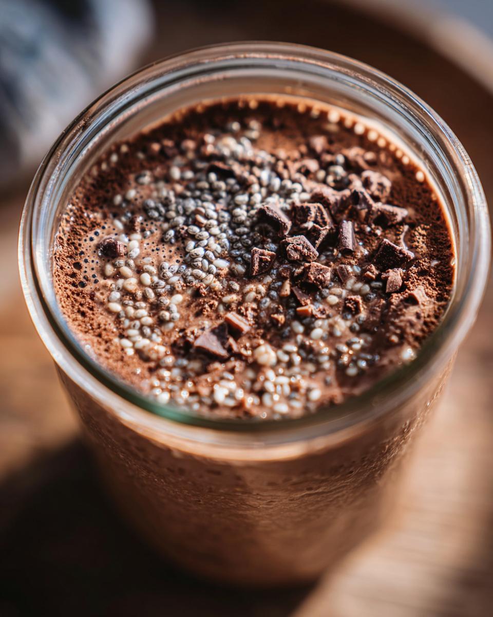 Close-up of Chocolate Protein Overnight Oats in a glass jar, topped with chia seeds and chocolate.
