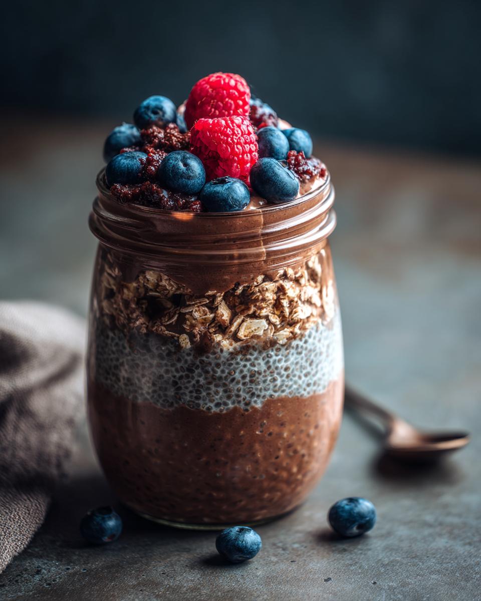 Jar of Chocolate Protein Overnight Oats topped with fresh blueberries and raspberries.