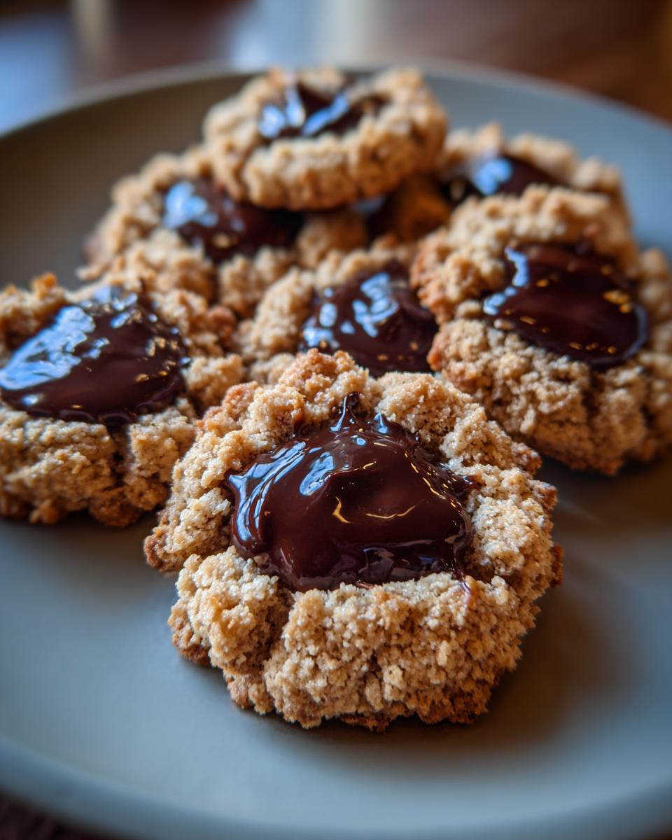 Close-up of freshly baked Chocolate Thumbprint Cookies filled with glossy chocolate ganache on a grey plate.