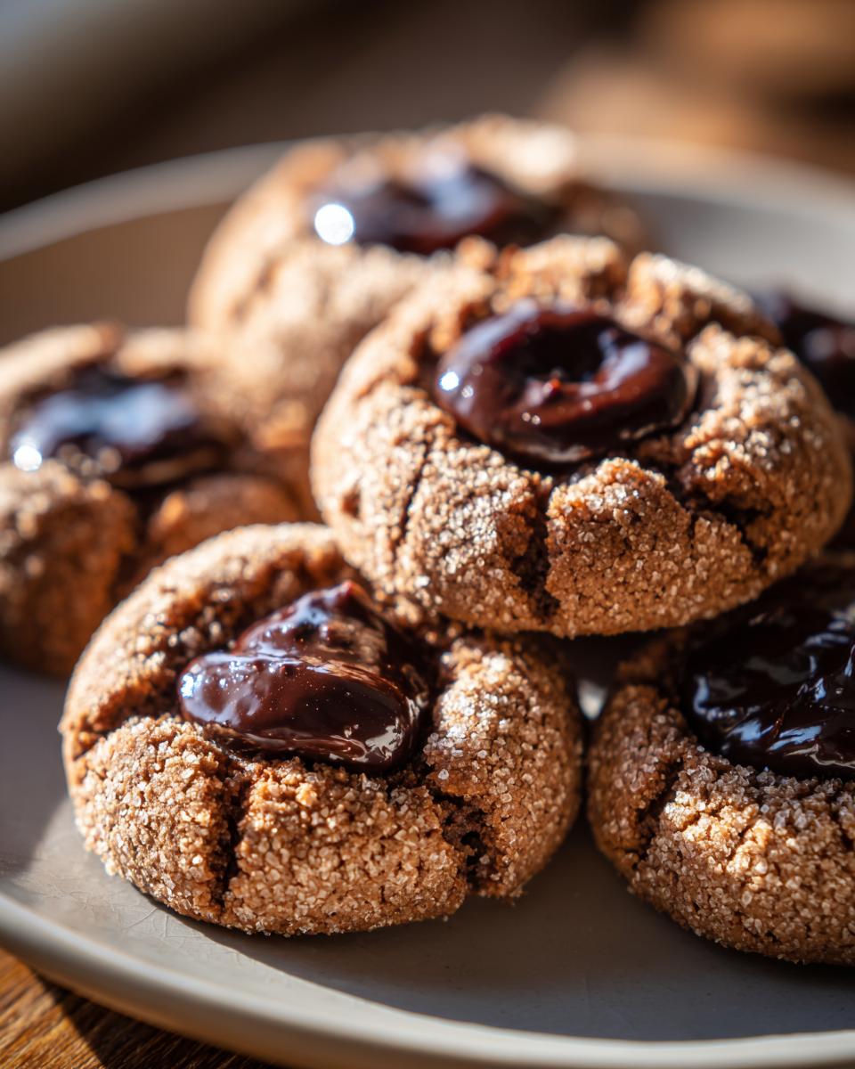 Close-up of delicious Chocolate Thumbprint Cookies filled with glossy dark chocolate.