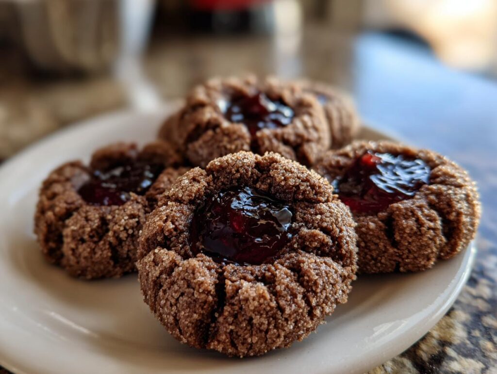 Close-up of four chocolate thumbprint cookies filled with dark red jam, coated in sugar.