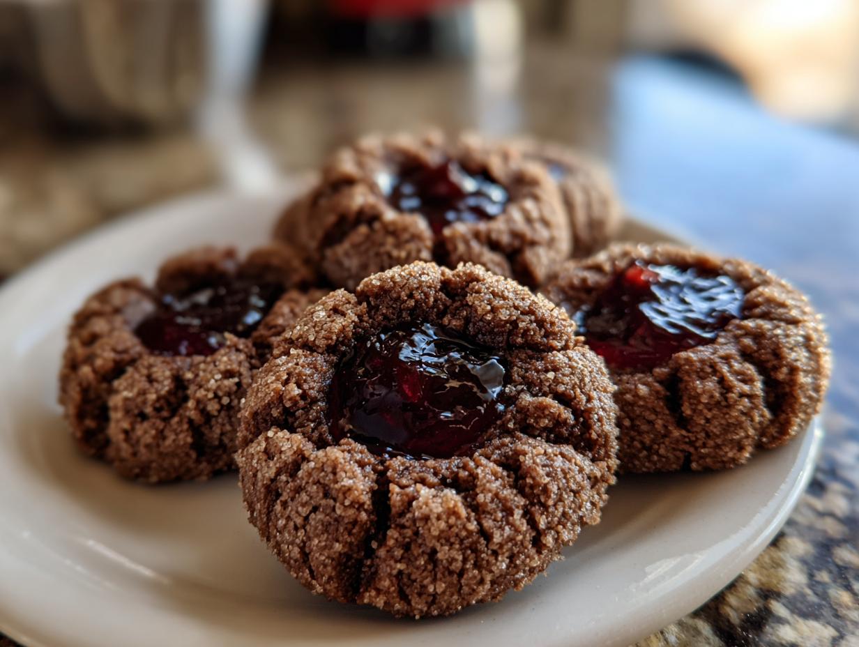 Close-up of four chocolate thumbprint cookies filled with dark red jam, coated in sugar.