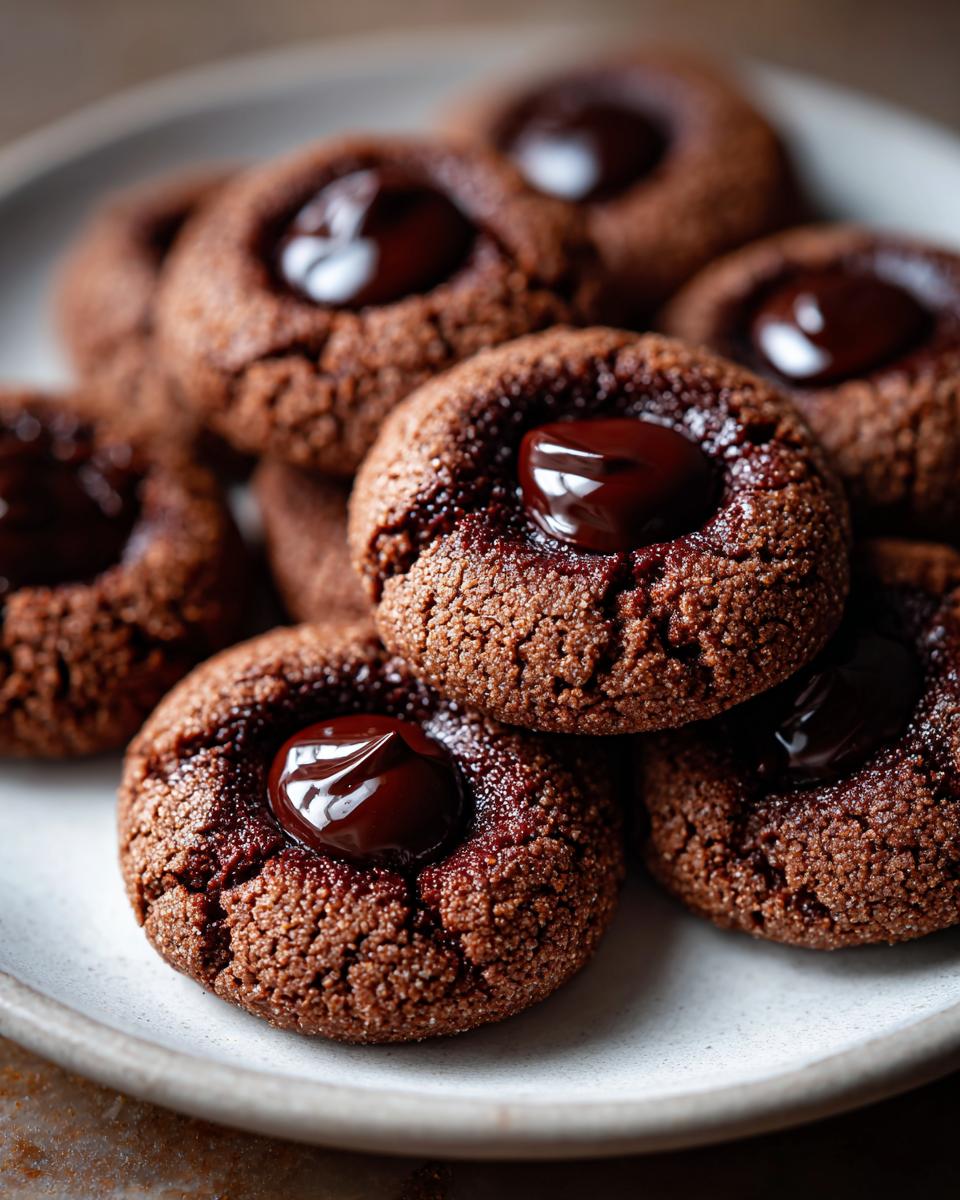 Close-up of a pile of rich Chocolate Thumbprint Cookies, each with a glistening dark chocolate center.