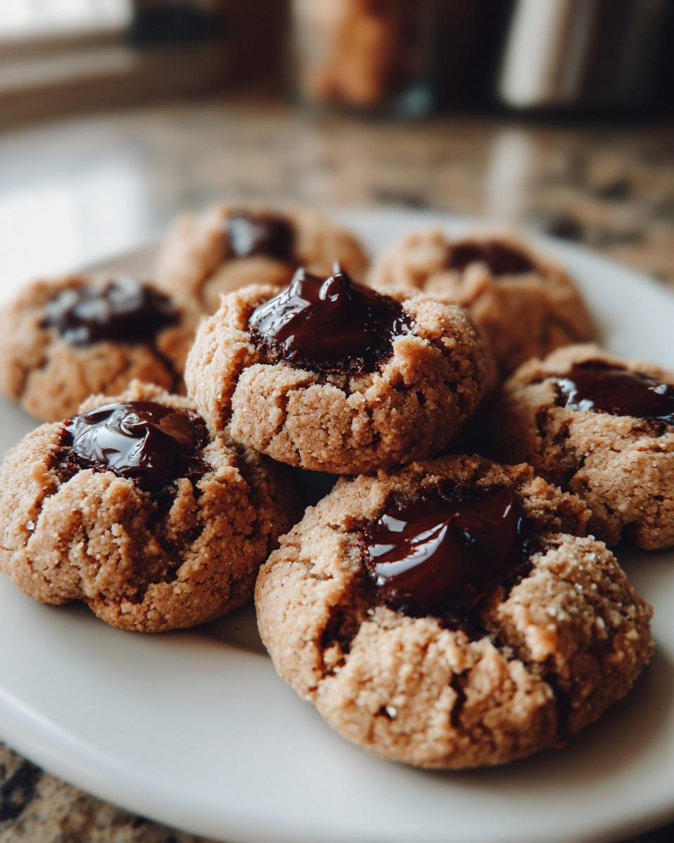 Close-up of several homemade Chocolate Thumbprint Cookies with a rich chocolate filling in the center.