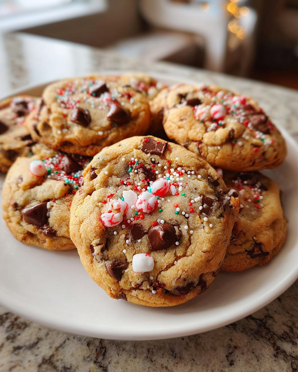 A close-up of delicious Christmas Chocolate Chip Cookies topped with festive sprinkles and crushed candy canes.