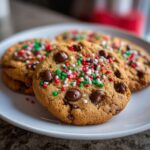 Close-up of delicious Christmas Chocolate Chip Cookies topped with festive red, green, and white sprinkles.
