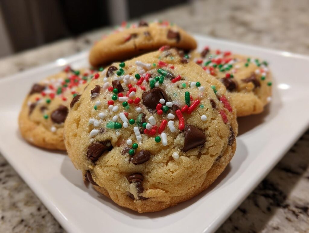 Close-up of Christmas Chocolate Chip Cookies topped with festive red, green, and white sprinkles.