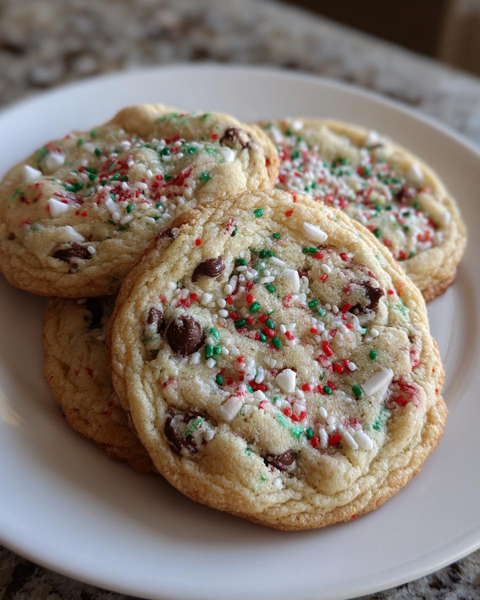 Close-up of delicious Christmas Chocolate Chip Cookies topped with festive red, green, and white sprinkles.