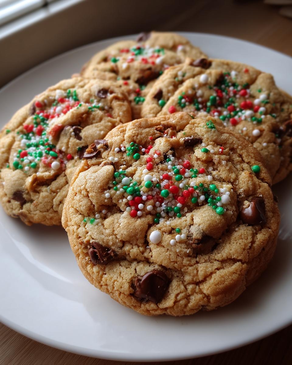 Close-up of delicious Christmas Chocolate Chip Cookies topped with red, green, and white sprinkles.