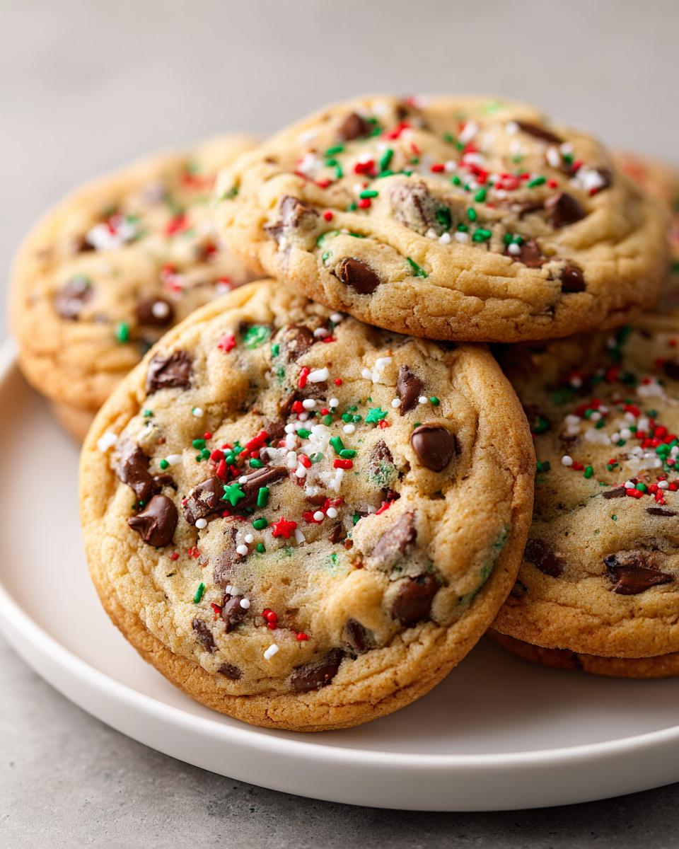 Close-up of delicious Christmas Chocolate Chip Cookies topped with festive red, green, and white sprinkles.