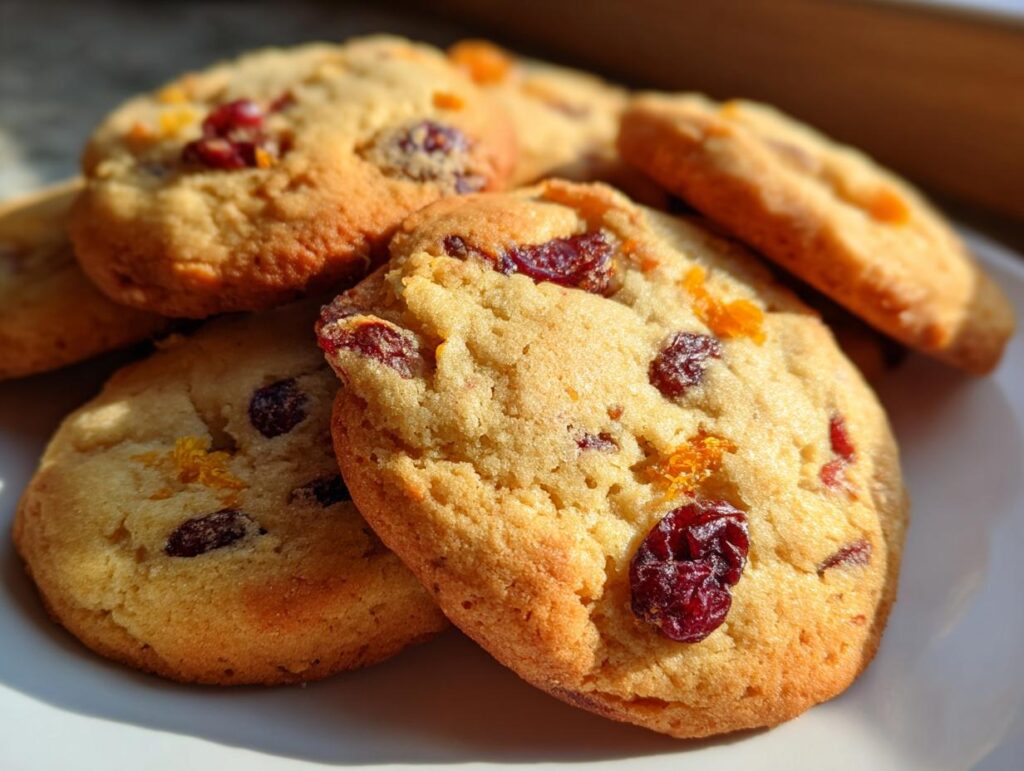 Close-up of delicious Best Christmas Cranberry Orange Cookies Recipe, featuring dried cranberries and orange zest.