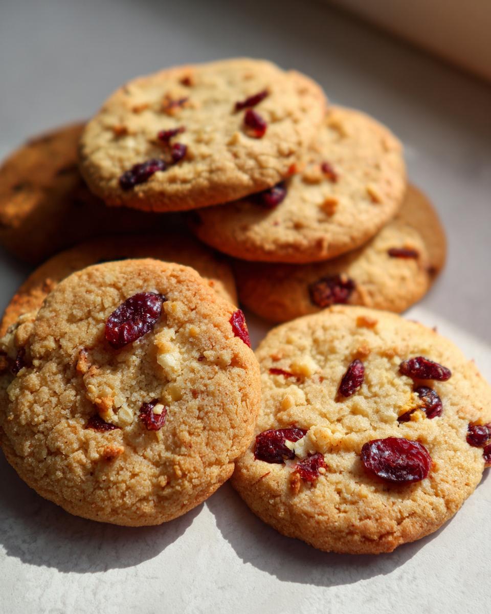 Close-up of delicious Christmas Cranberry Orange Cookies, showcasing dried cranberries and white chocolate chips.