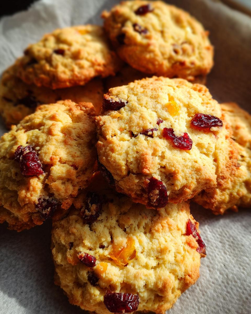 Close-up of golden-brown Christmas Cranberry Orange Cookies, studded with dried cranberries and orange zest.