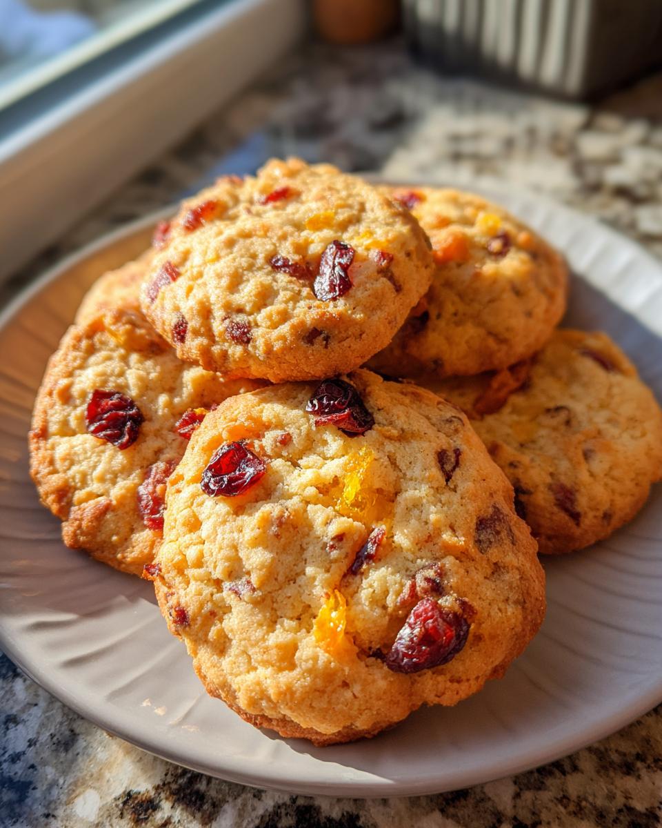 A close-up of a plate piled high with golden-brown Christmas Cranberry Orange Cookies, studded with dried cranberries and orange zest.