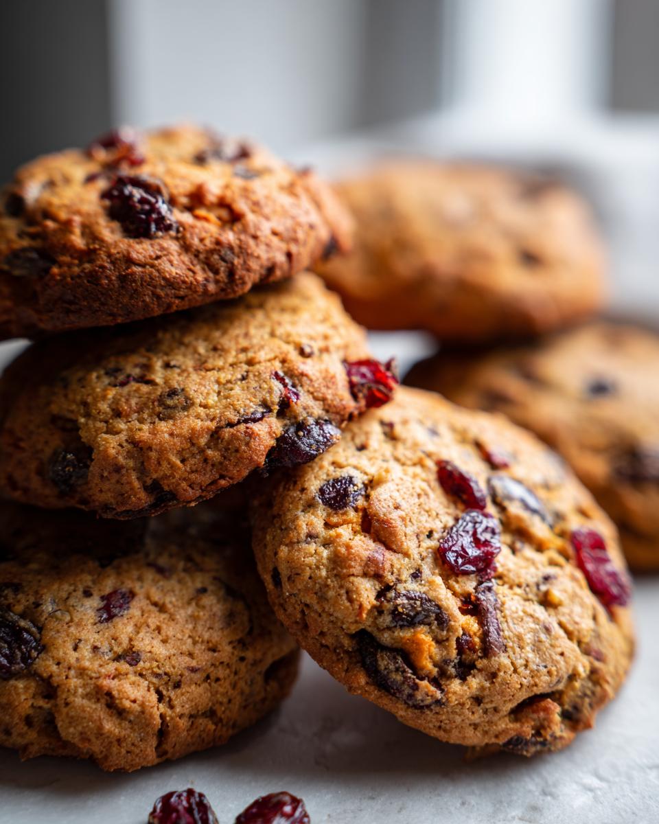 A close-up stack of freshly baked Best Christmas Cranberry Orange Cookies, showing dried cranberries and orange zest.