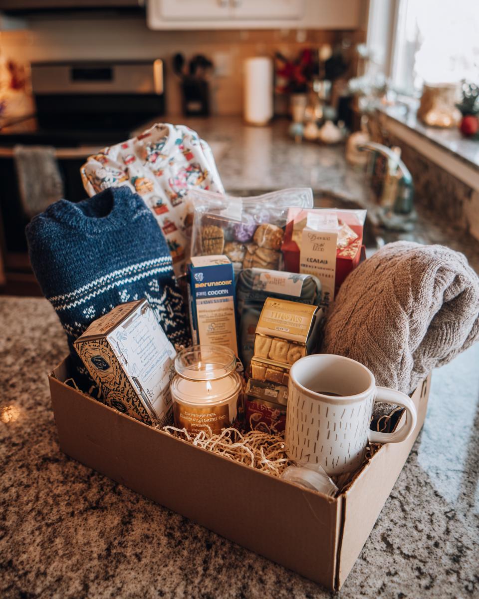 A cardboard box filled with items for Christmas Eve Box Ideas for Families, including a sweater, pajamas, candle, mug, and treats.