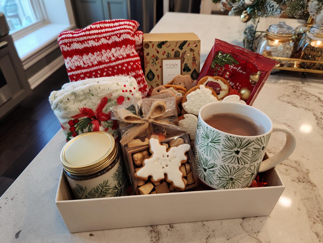 A festive Christmas Eve box filled with cozy items like knitted socks, cookies, hot chocolate, and a candle.