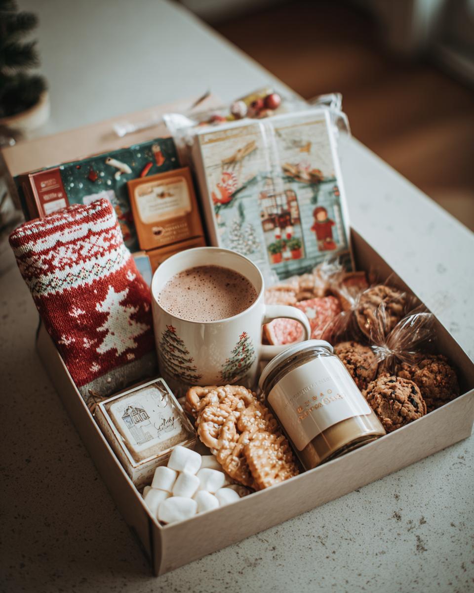 A cozy Christmas Eve Box filled with hot chocolate, cookies, marshmallows, and a festive stocking for families.