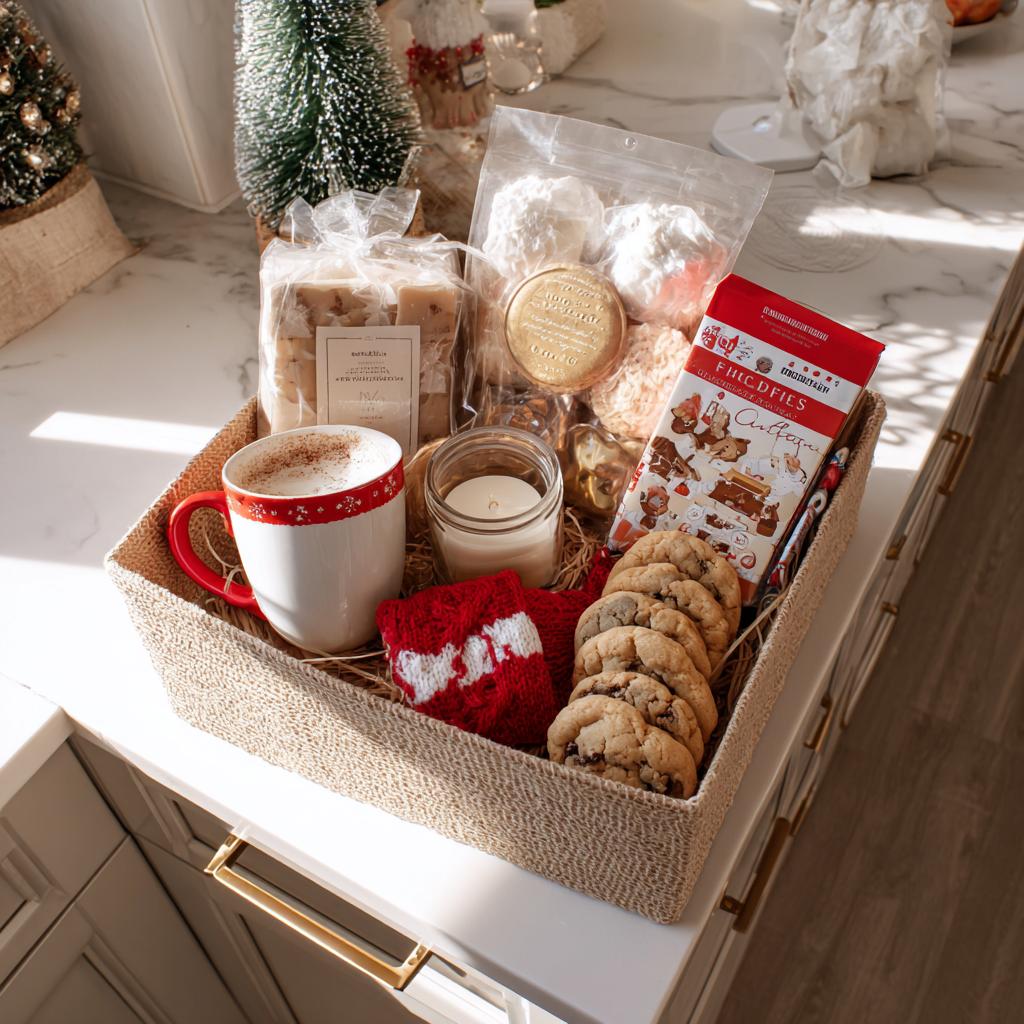 A festive Christmas Eve box filled with gingerbread cookies, a mug of coffee, a candle, and a cozy blanket.