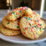 Pile of colorful Christmas Funfetti Cake Mix Cookies on a white plate, close-up.