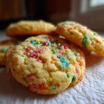 Close-up of delicious Christmas Funfetti Cake Mix Cookies with colorful sprinkles on a napkin.