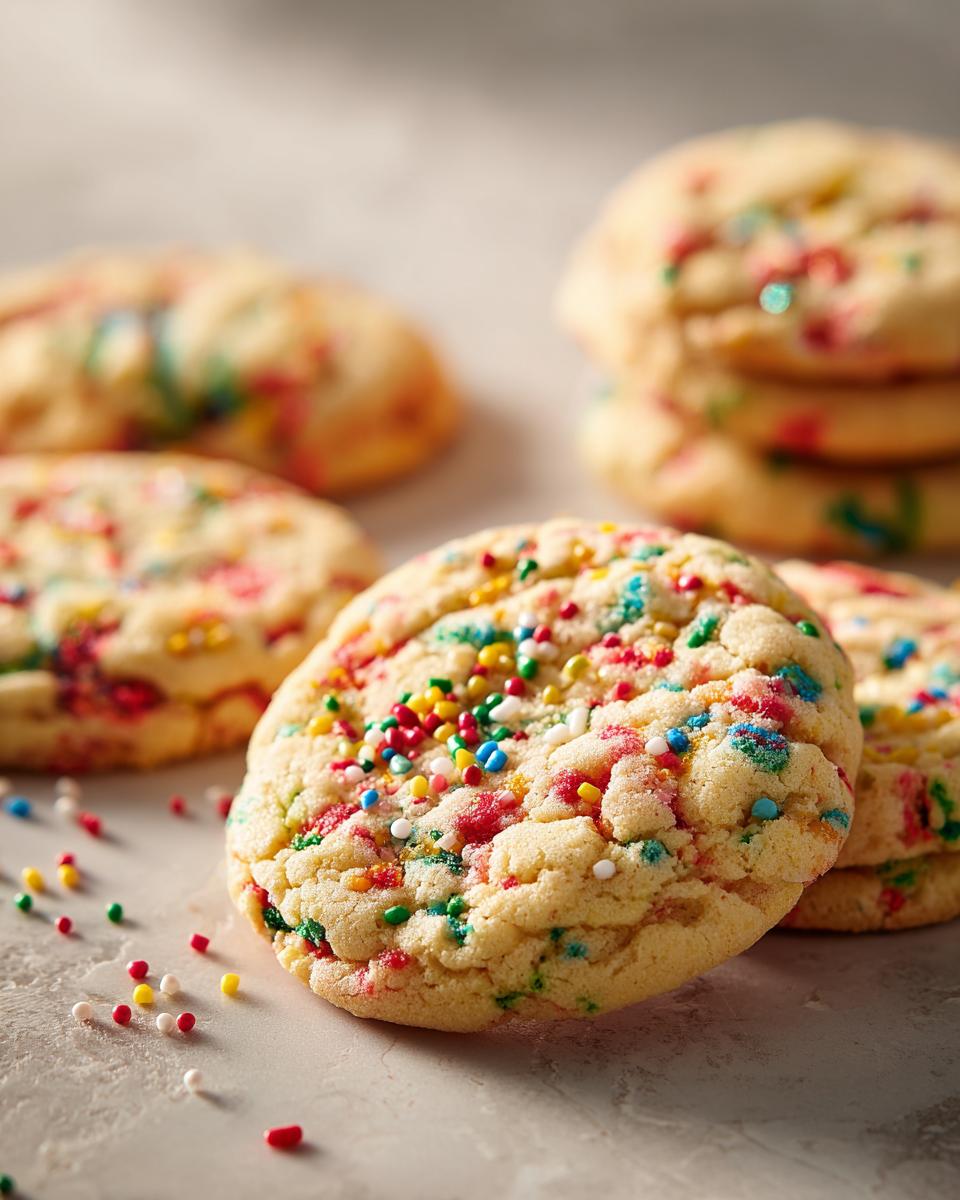 Close-up of colorful Christmas Funfetti Cake Mix Cookies with sprinkles.