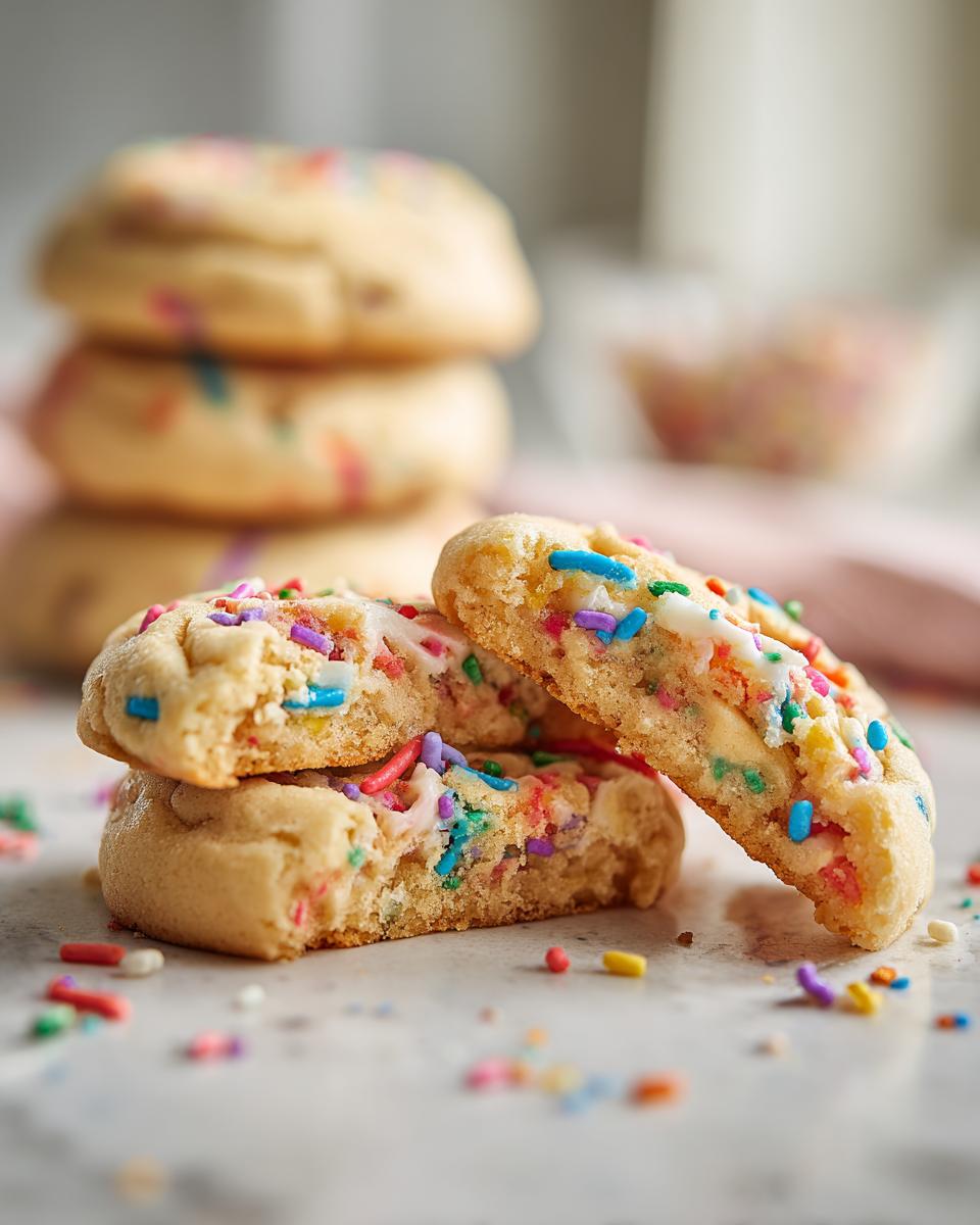Close-up of Christmas Funfetti Cake Mix Cookies with colorful sprinkles, showing the soft interior.