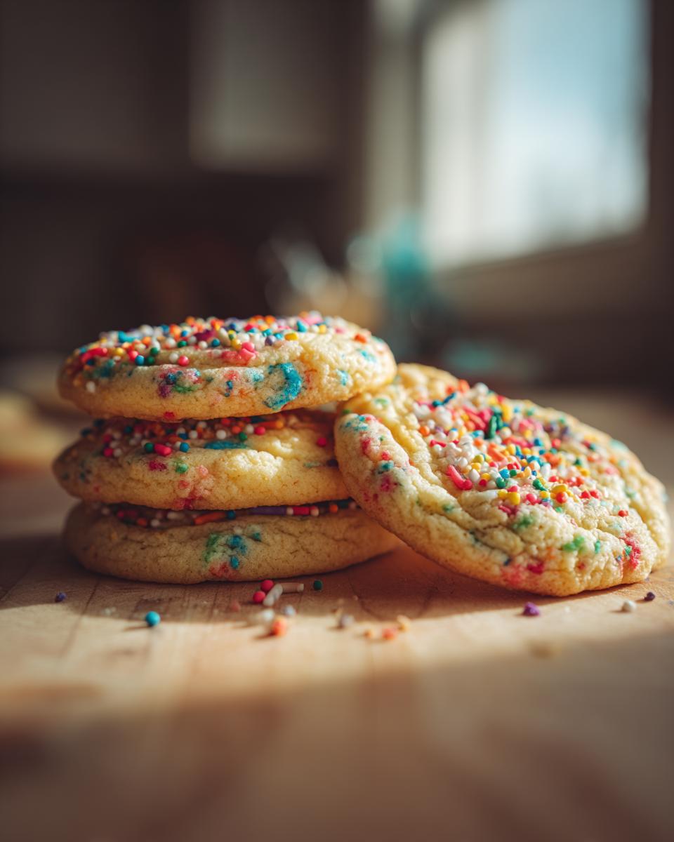 Stack of freshly baked Christmas Funfetti Cake Mix Cookies with colorful sprinkles on a wooden surface.