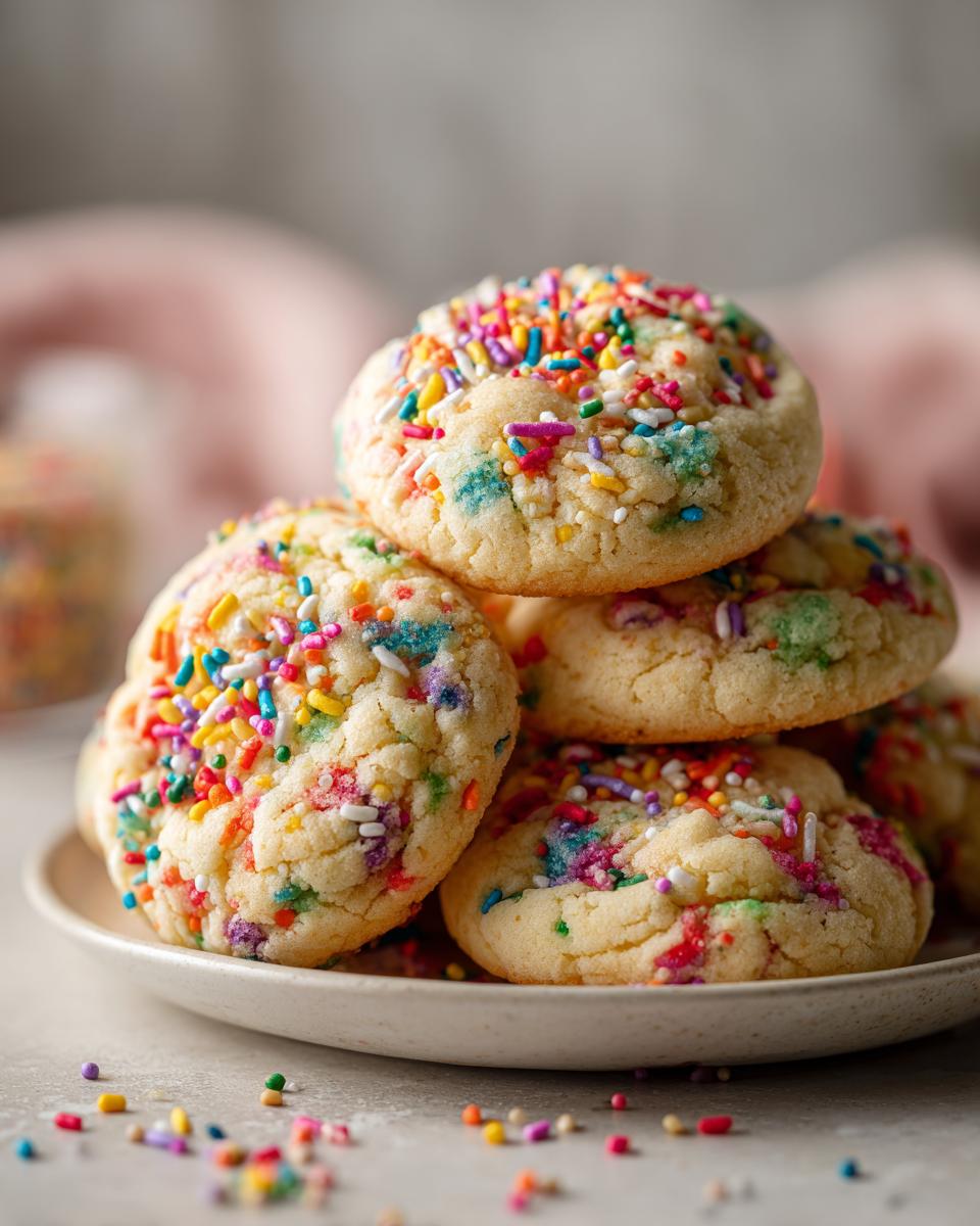 A stack of freshly baked Christmas Funfetti Cake Mix Cookies with colorful sprinkles on a plate.