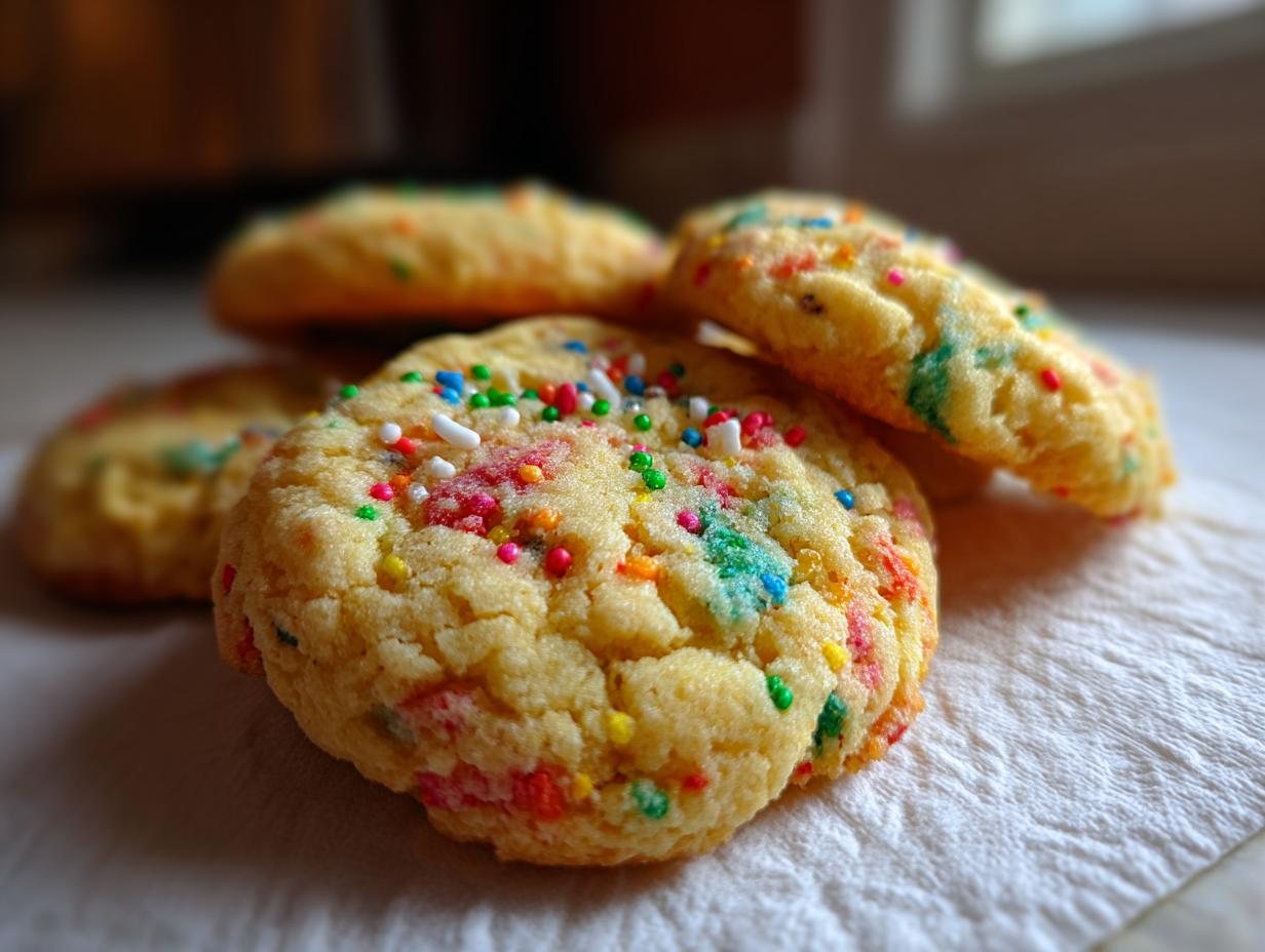 Close-up of delicious Christmas Funfetti Cake Mix Cookies with colorful sprinkles on a napkin.
