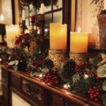 Close-up of a decorated Christmas mantel with lit candles, pine garland, red berries, and pinecones.